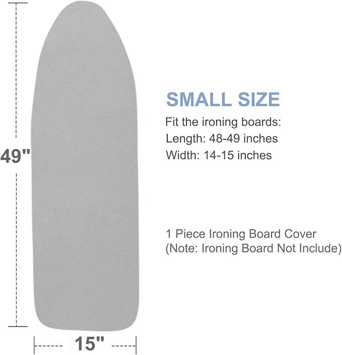 Ironing Board Cover and Pad, 15x49, Thick Padding, Elastic Edge, Silicone Coated, Resist Scorching, Adjustable Fastener, 15x48, Heavy Duty Padded Iron Board Covers Grey