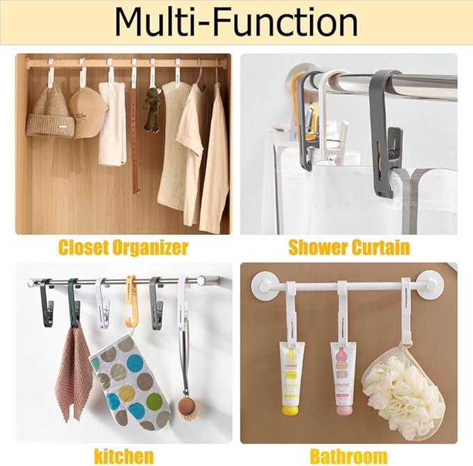 6Pcs Laundry Hooks with Clips Hanger Closet Organizer Clamps Hanging Socks Boot Bras Towels Shower Pegs for Bathroom Wardrobe Kitchen Office Holders Clothes Pins Outdoor, Grey