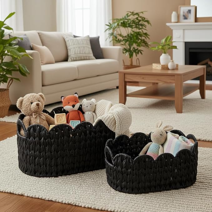 Wicker Scalloped Basket Set of 2,Woven Storage Baskets for Shelves,Closet,Laundry,Gift,Towels,Books,Toys,Waterproof Decor Basket for Organizing,Black Oval