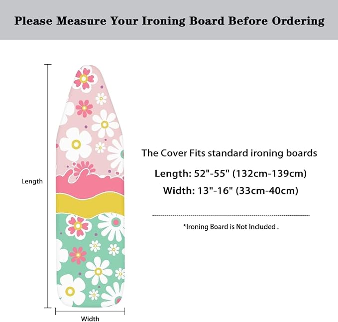 Daisy Floral Ironing Board Cover with Elastic Edge Table Top Ironing Board Cover Extra Wide Iron Board Cover Easy to Install Ironing Accessories 54x15 inches