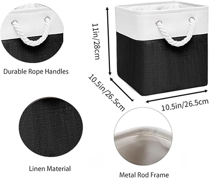 Cube Storage Bins, Collapsible Fabric Storage Cubes Bins, 11 Inch Cube Storage Bins with Handles, Foldable Storage Cubes (White/Black, 6Pack)