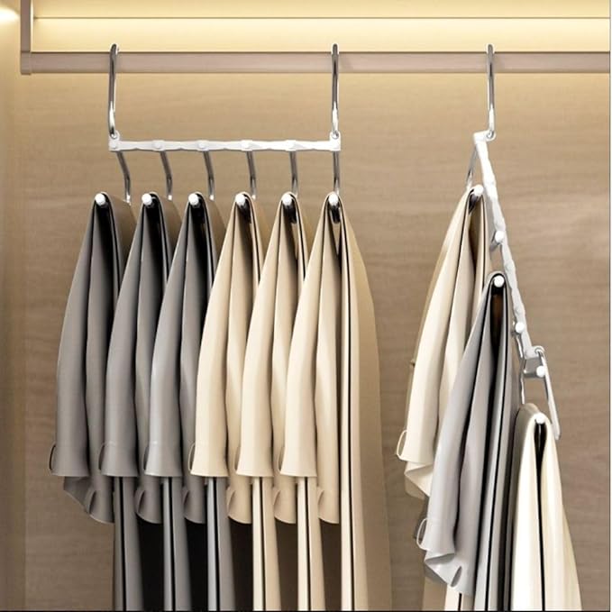 Space-Saving 6-Tier Metal Pants Hanger with Non-Slip Coating, Pack of 2, 12 Hooks Included, Stainless Steel Design, Can Reduce 80% of Clutter, for Holidays - White
