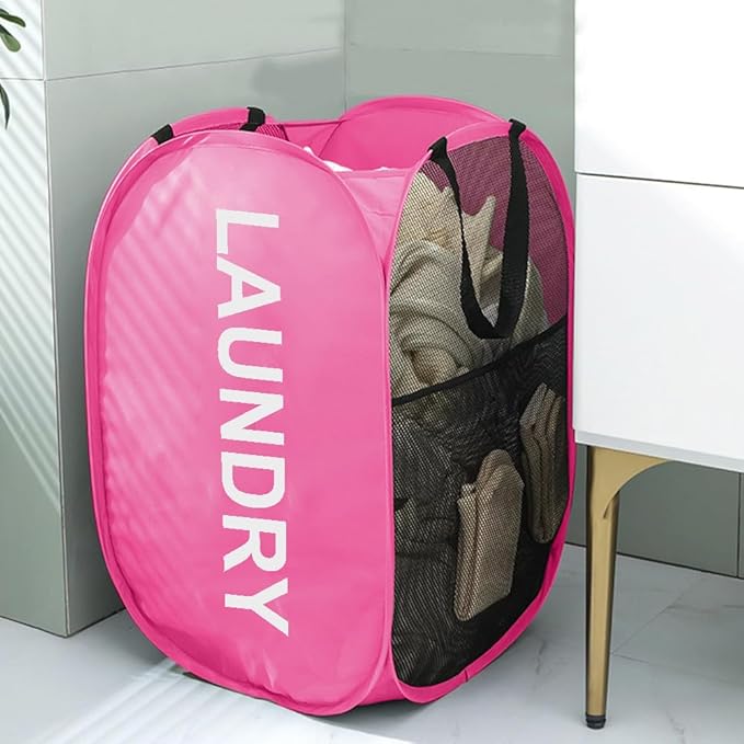 Larpur Pop Up Laundry Baskets, 2 Pack Mesh Laundry Hampers Collapsible Clothes Hampers for Home, Dorm, Travel (Pink + Blue)