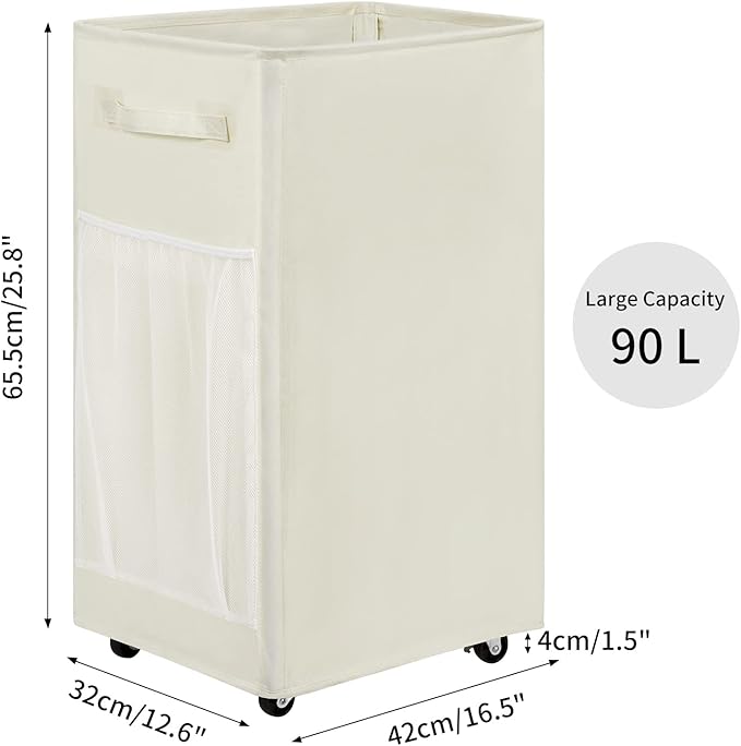 Chrislley 90L Rolling Laundry Basket Large Laundry Hamper with Wheels Collapsible Clothes Hamper Rolling Tall Laundry Storage Cart Foldable Clothes Organizer (Beige)