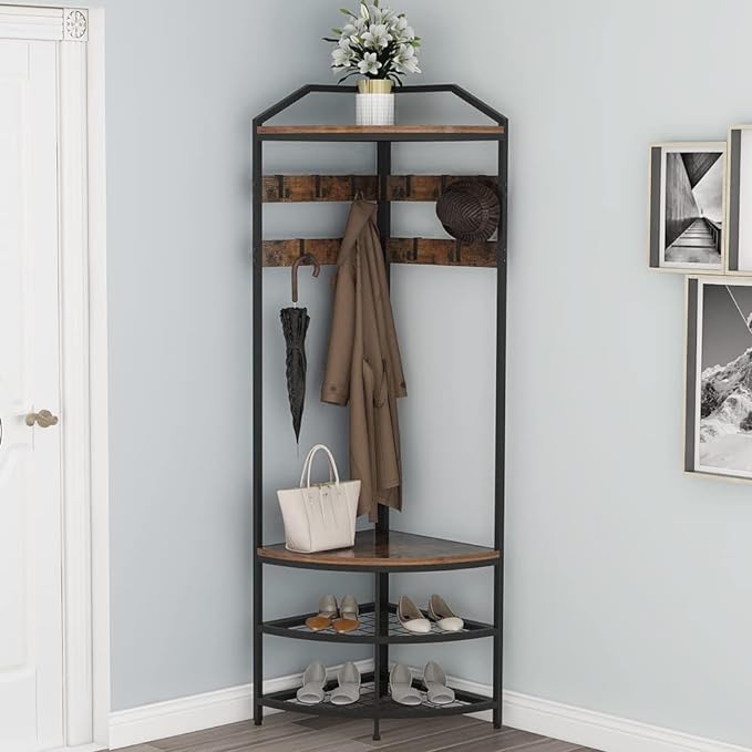 GiftGo Corner Hall Tree with Shoe Bench Entryway Coat Rack with 10 Metal Movable Hooks Floor Standing Clothes Rack Shoes Shelf Organizer for Home Office Bedroom (Rustic Brown)