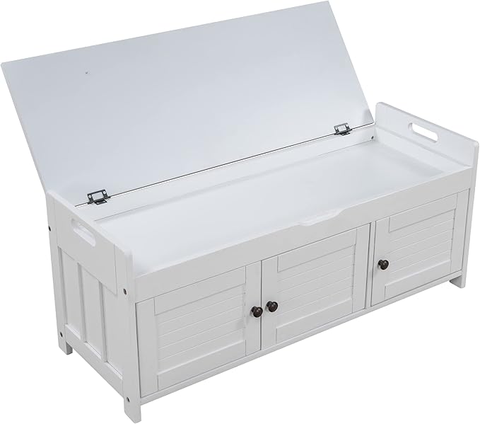 SOFTSEA Upholstered Storage Ottoman with Removable Cushion, Wooden Entryway Bench with 3 Shutter-Shaped Doors and Hidden Storage Space, Shoe Bech for Entreyway, Living Room, White with Beige Cushion