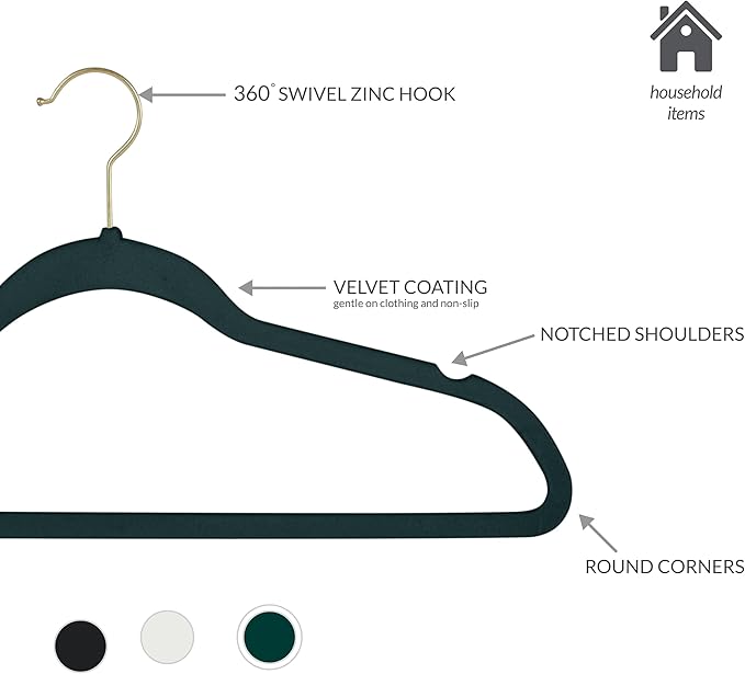 Simplify Slim Velvet Gold Hook Clothes Hangers 75 Pack | Non-Slip | Shirts | Suit | Pants | Dresses | Garments | Closet Storage & Organization | Durable | Emerald