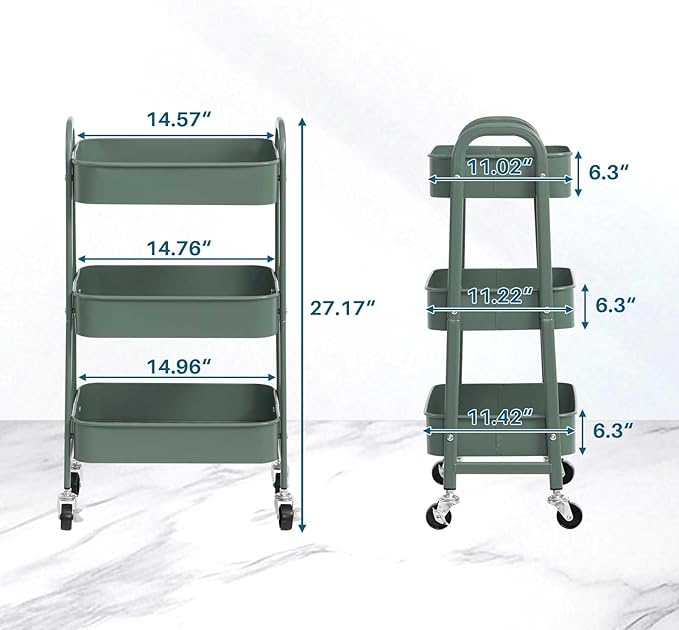 AGTEK 3 Tier Utility Rolling Cart with Lockable Wheels, Metal Multifunctional Storage, Organizer Cart for Kitchen, Office, Living Room, Makeup, Craft, Art Studio, Olive Green