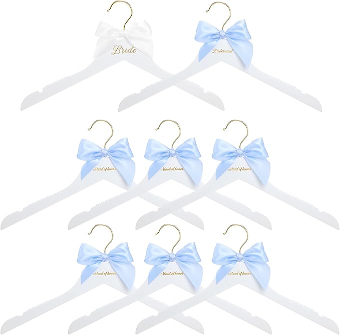 Bride Bridal Bridesmaid Hanger with Maid of Honor White Wooden Wedding Dress Hanger with White Bow and Pink Blue Bow for Bridal Party Shower Wedding Gift(Blue)