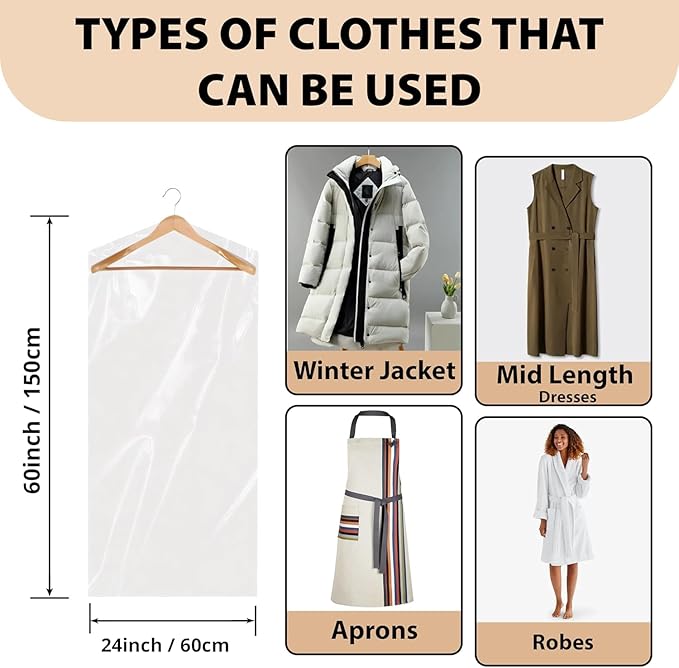 PARTY BARGAINS 60 x 24 Inch Disposable Clear Garment Bags, 100 Pack – Heavy-Duty Plastic Clothes Covers for Suits Dresses Coats, Closet & Travel