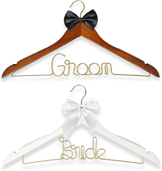 2 Pcs Bride Hanger for Wedding Dress, Bride and Groom Wooden Wedding Hangers Set, Wooden Bridal Dress Hanger with Party Shower Gift