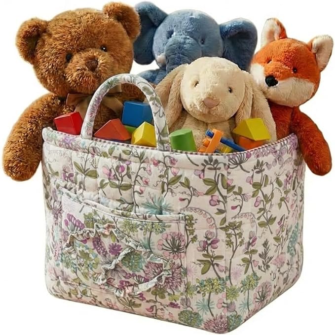 Quilted Fabric Basket Car Storage Basket Boho Floral Laundry Hamper for Nursery Bedroom & Living Room | Organize Clothes Toys