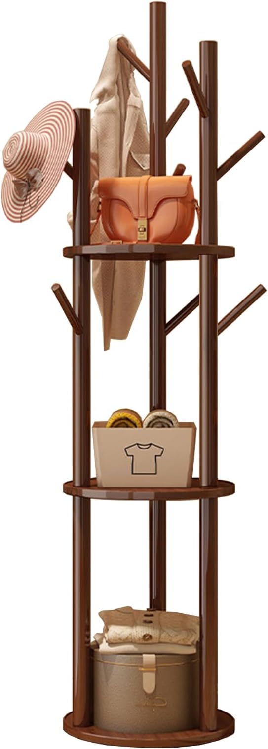 Simcat Wood Coat Rack with 3 Shelves and 9 Hooks Coat Tree Hanger Freestanding Coat Rack for Bedroom, Hallway, Entrance, Office, for Hats, Coats, Scarves, Handbags (Fixed rack walnut color)