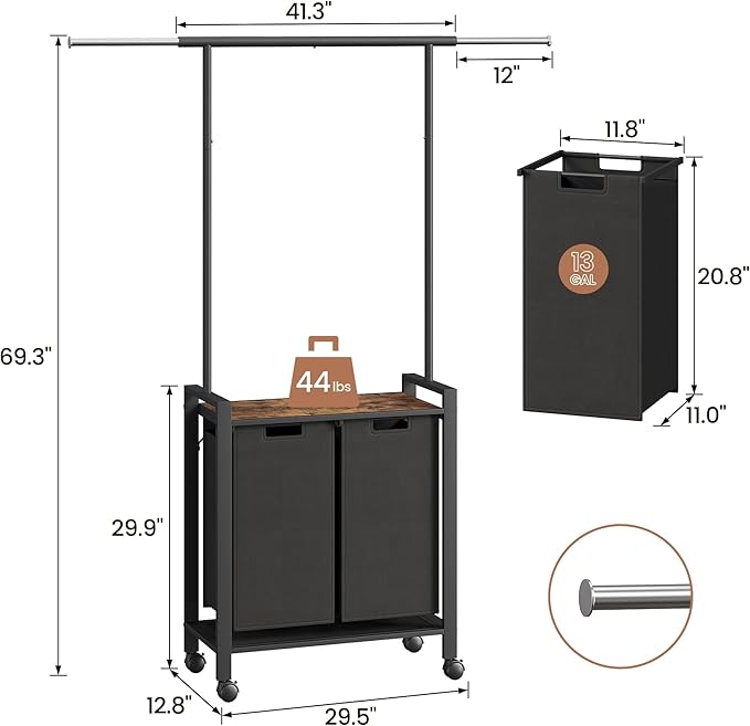 2 Laundry Hamper Sorter with Wheel/Lockable, Laundry Room Organization With Shelf, 42" Hanging Rack+12" Extendable Rod, Laundry Basket for Balcony, Cloakroom
