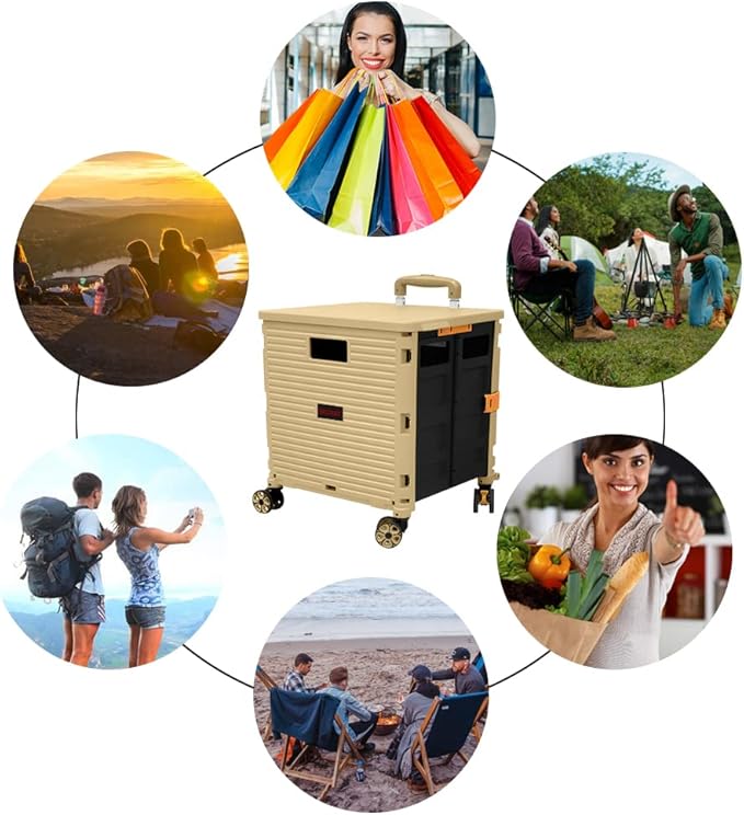 FELICON SELORSS Foldable Utility Cart Folding Portable Rolling Crate Handcart with Durable Heavy Duty Plastic Telescoping Handle Collapsible 4 Rotate Wheels for Travel Shop Move Luggage Office(Khaki