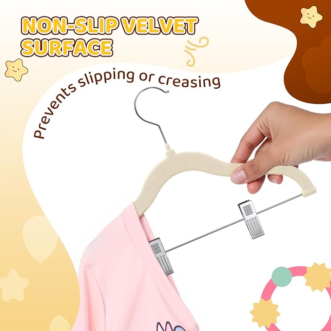 Flottian 24-Pack Baby and Kids Velvet Hangers with Clips, Non Slip and Space-Saving Kids Pants Hangers for Baby/Toddler Pants, Skirts, Coats, Beige