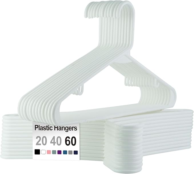 Plastic Hangers Without Notches 20 Pack - Space Saving, Sturdy with Built-in 2 Hooks for Closet Organization