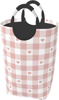 Cute Heart Laundry Basket Pink Buffalo Plaid Foldable Laundry Hamper Checkered Collapsible Laundry Baskets with Handles Clothes Hamper Laundry Tote Bag for Dorm Family Storage Bin 50L
