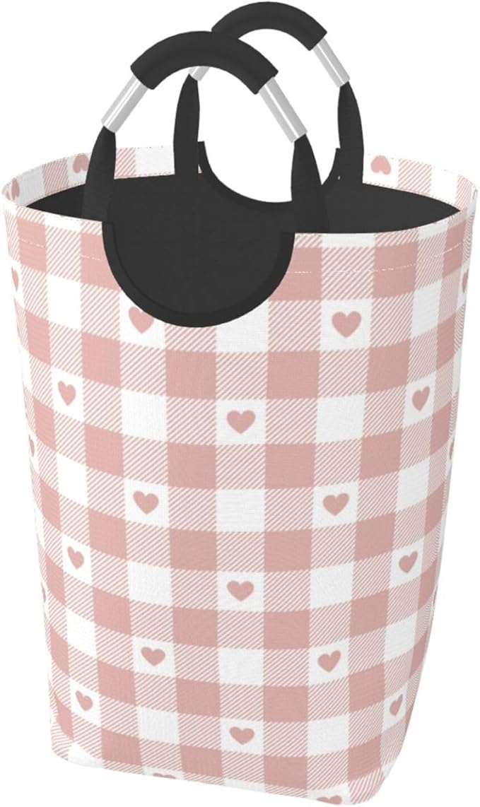 Cute Heart Laundry Basket Pink Buffalo Plaid Foldable Laundry Hamper Checkered Collapsible Laundry Baskets with Handles Clothes Hamper Laundry Tote Bag for Dorm Family Storage Bin 50L