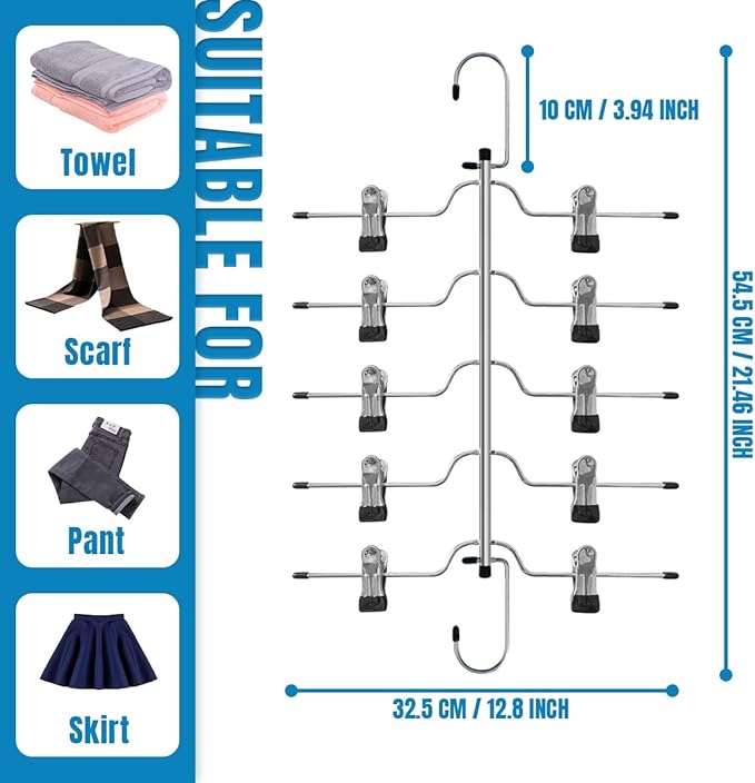 4 Pack Metal Pants Skirt Hangers Organizer,5 Tier Space Saving Hangers with Adjustable Non Slip Clips, Heavy Duty 360 Degree Swivel Hook, Gain 80% More Space for Slacks, Trousers, Shorts, Jeans