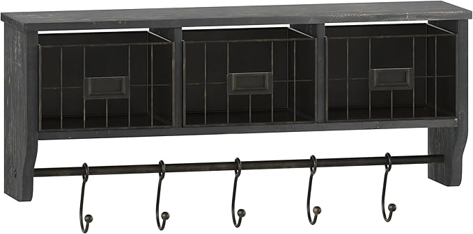 Flash Furniture Daly Wall Mounted Storage Rack - Blackwashed Solid Pine Wood - 24 Inch - Upper Shelf - 5 Hooks - Wire Baskets - For Entryway, Kitchen, Bathroom