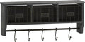 Flash Furniture Daly Wall Mounted Storage Rack - Blackwashed Solid Pine Wood - 24 Inch - Upper Shelf - 5 Hooks - Wire Baskets - For Entryway, Kitchen, Bathroom