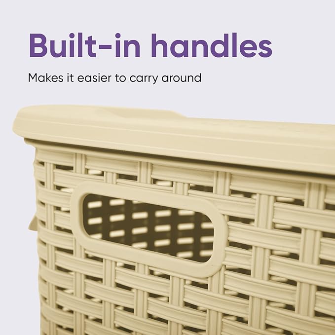 Superio Laundry Hamper Basket With Easy Open Lid 60 Liter Beige, Large Wicker Hamper, Dirty Cloths Storage With Two Cutout Handles, Laundry Room Bin