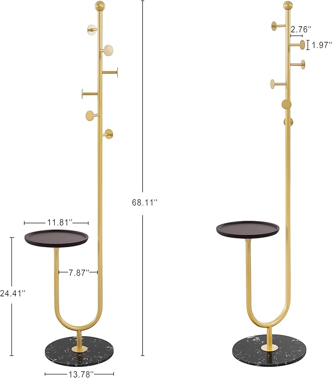 Coat Rack Freestanding with Table & 6 Hooks, Corner Coat Tree, Heavy-duty Marble Base Coat Rack Stand for Bedroom Living Room Office Entryway 13.78 x 13.78 x 68.11 Inches (Gold)