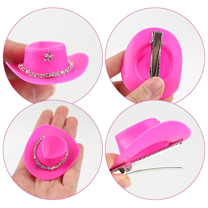 12 Pcs Cowboy Hat Hair Clip Cowgirl Mini Small Tiny Miniature Hat for Western Party Decoration Pink