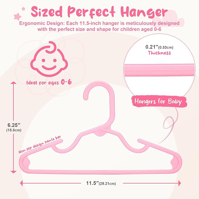 HOUSE DAY Premium Baby Hangers 20 Pack, 11 Inch Kids Plastic Hanger Pink, Slim Childrens Hangers for Infant, Toddler, and Child Clothes, Durable Baby Clothes Hanger for Closet