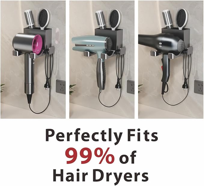 Hair Dryer Holder Wall Mounted, Bathroom Space-Saving Blow Dryer Organizer, Self Adhesive Magnesium Aluminum Alloy Compatible for Dyson Hair Dryer Wall Mounted