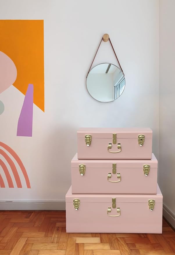 Vixdonos Decorative Box Set of 3 Metal Trunks Chest with Safety Lock Clasp for Treasure Organization and Home Dorm Decor,26.8x16.5x11Inches