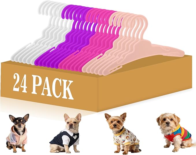 24Pcs Dog Clothes Hangers for Small Dogs & Cats, 7 Inch Non-Slip Durable Plastic Pet Hangers for Chihuahua/Maltese/Yorkie Outfits, Assorted Colors