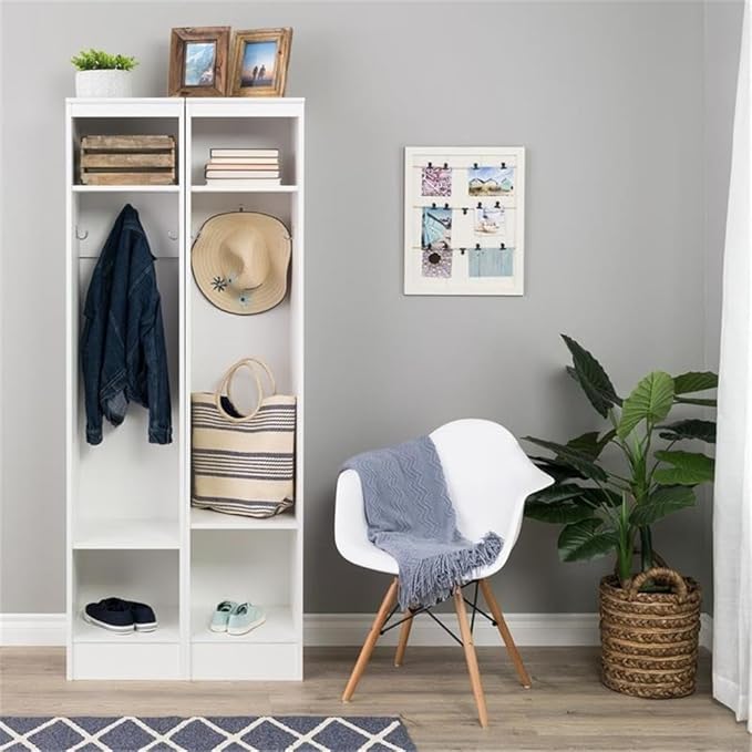 Prepac Narrow Coat Rack Freestanding Hall Tree with 3 Hooks, Entryway Furniture for Coat & Shoe Storage, Entryway Organization with Adjustable Shelf, 14.75"W x 72.5"H x 15.5"D, Set of 2, White