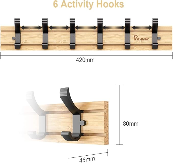 Coat Hanger Clothes Rack 6 Active Hooks Heavy Duty Clothes Hat Holder Bamboo