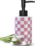 Bathroom Soap Dispenser with Matte Black Pump White Ceramic Soap Dispenser for Kitchen Checkerboard Empty Pump Bottle (Pink)