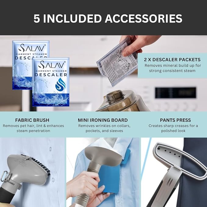 SALAV® Standing Steamer for Clothes, 1500W Powerful Garment Steamer with Roll Wheels, 4 Steam Settings, High Efficiency Stainless Steel Plate, with Limescale Remover Descaler Packets