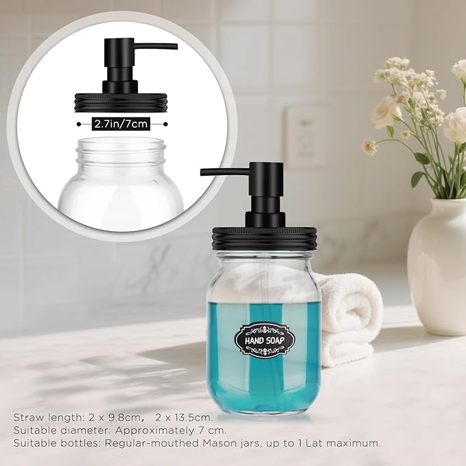 Mason Jar Soap Dispenser Set, Rustproof Plastic Lotion Pump and Lids Accessories for Regular Mouth Mason Jar and Farmhouse Kitchen Counter Decor- 4 Pack Black