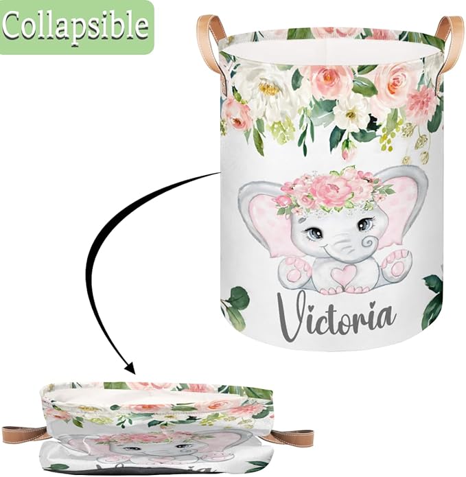 Personalized Laundry Basket, Custom Gift Laundry Hamper, Collapsible Nursery Waterproof Laundry Baskets, Dirty Clothes Toy Hamper with Handles Pink Floral Elephant