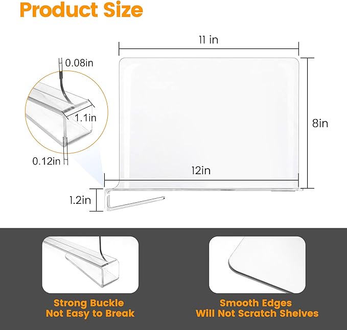 OKPOW Shelf Dividers for Closet Organization: 4 Pack 8" Tall X 12" Deep Acrylic Clear Sturdy Separators for Clothes Purse - Easy Install Adjustable Maximize Bedroom Space for Home Organizer & Wife