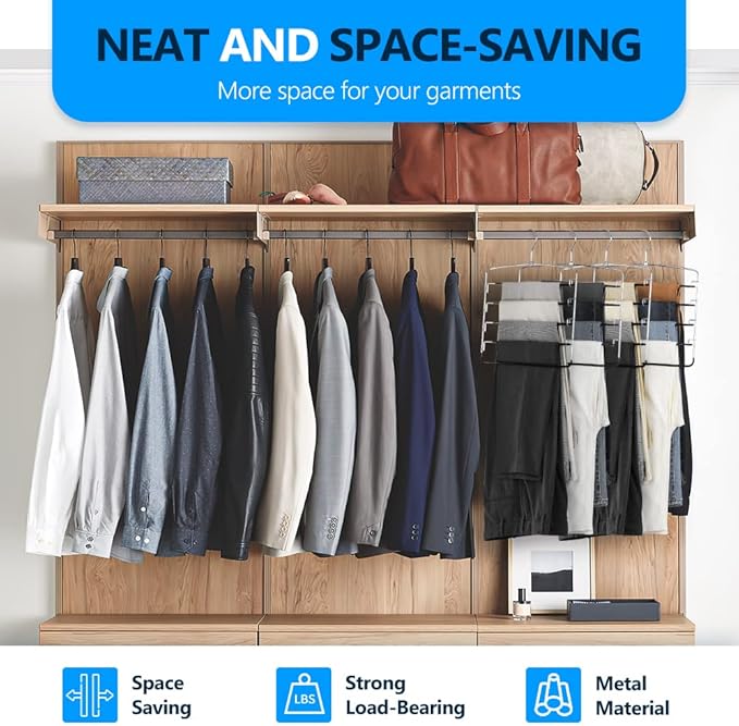 Pants Hangers 2 Pieces,5 Tier Closet Organizers and Storage Clothes,Hangers Space Saving with Swing Arm,Multiple Metal Hanger Clothes Organization for Pants Trousers Jeans Leggings Slacks