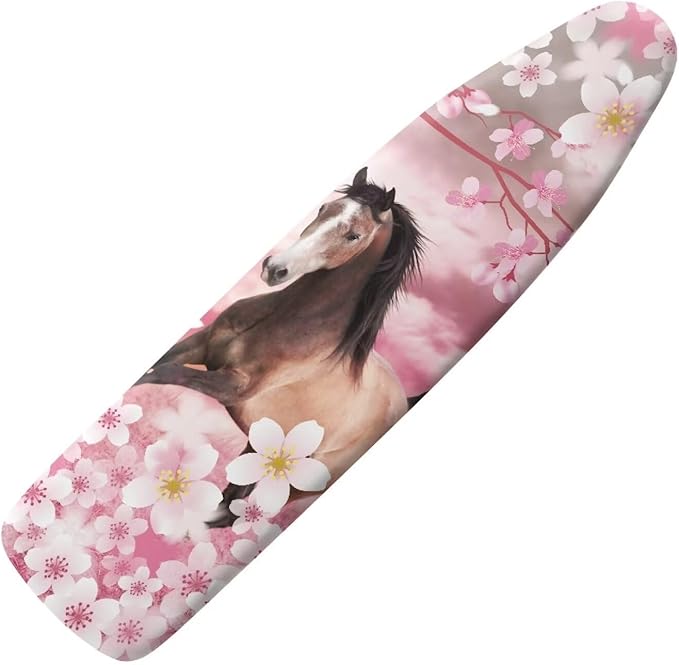 GLENLCWE Pink Horse Cherry Blossom Ironing Board Cover and Pad,Thick Heavy Duty Ironing Board Replacement Padding Standard Size 15X54Inch,Washable