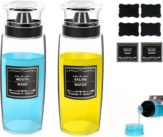 2 Pack Glass Mouthwash Dispenser, Leakproof Mouth Wash Container Bottle with Cup Lid, 9.5 OZ Refillable Glass Mouthwash Bottle Decanter for Countertop/8 Pcs Label