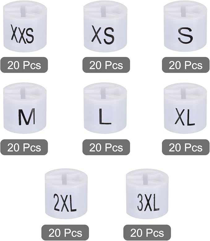 MECCANIXITY Clothes Hanger Marker XXS/XS/S/M/L/XL/2XL/3XL Size Tag White Fit 3.5mm Rod for Garment Clothing Color Coding, Pack of 160