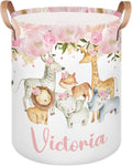 Personalized Laundry Basket, Custom Gift Laundry Hamper, Collapsible Nursery Waterproof Laundry Baskets, Dirty Clothes Toy Hamper with Handles Girl Safari Animals