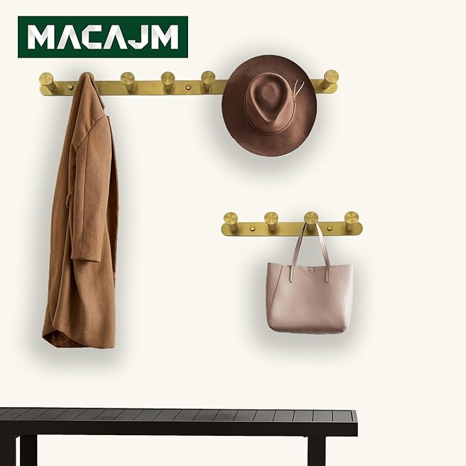 Brushed Gold Wall Mounted Coat Rack [2 Pack Set], 304 Stainless Steel Heavy Duty Hook Rack with 6 Hooks, Wall Mount Organizer for Bathroom, Kitchen, Entryway (Drilling Installation)