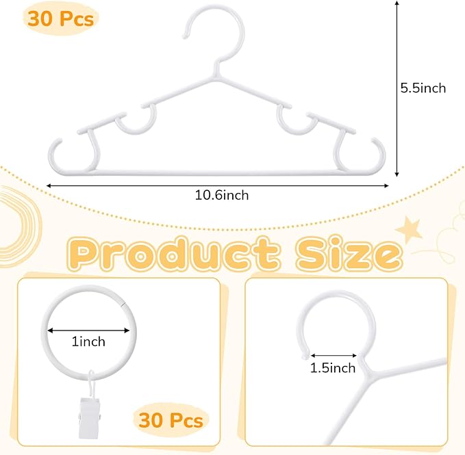 Hsei 30 Packs Nursery Baby Hangers with Ring Clips, Toddler Hangers, Kids Plastic Clothes Hanger for Infant Children Pants Closet Coat Skirts Socks(White)