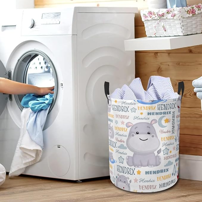 Hippo Laundry Basket,Personalized Laundry Hamper for Boys Girls,Custom Laundry Basket With Name, Customized Dirty Clothes Hamper for Bathroom Bedrooms,M-19.5"X 15.7"