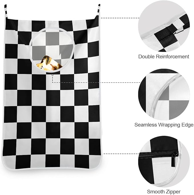 Checkered Black and White Hanging Laundry Hamper Door Hampers Bag Basket with Stainless Steel Hooks Oxford Fabric Printing Decorative Clothes Bags 29.5X20inch 2Pack