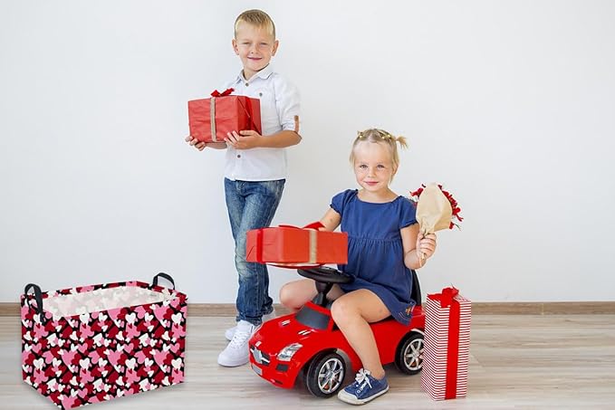 Sanjiaofeng Rectangular Valentine's Day Basket Love Storage Bins,Girls Storage Basket with Handles.Clothers,Books,Kid's Gifts Bins. (Black red heart)